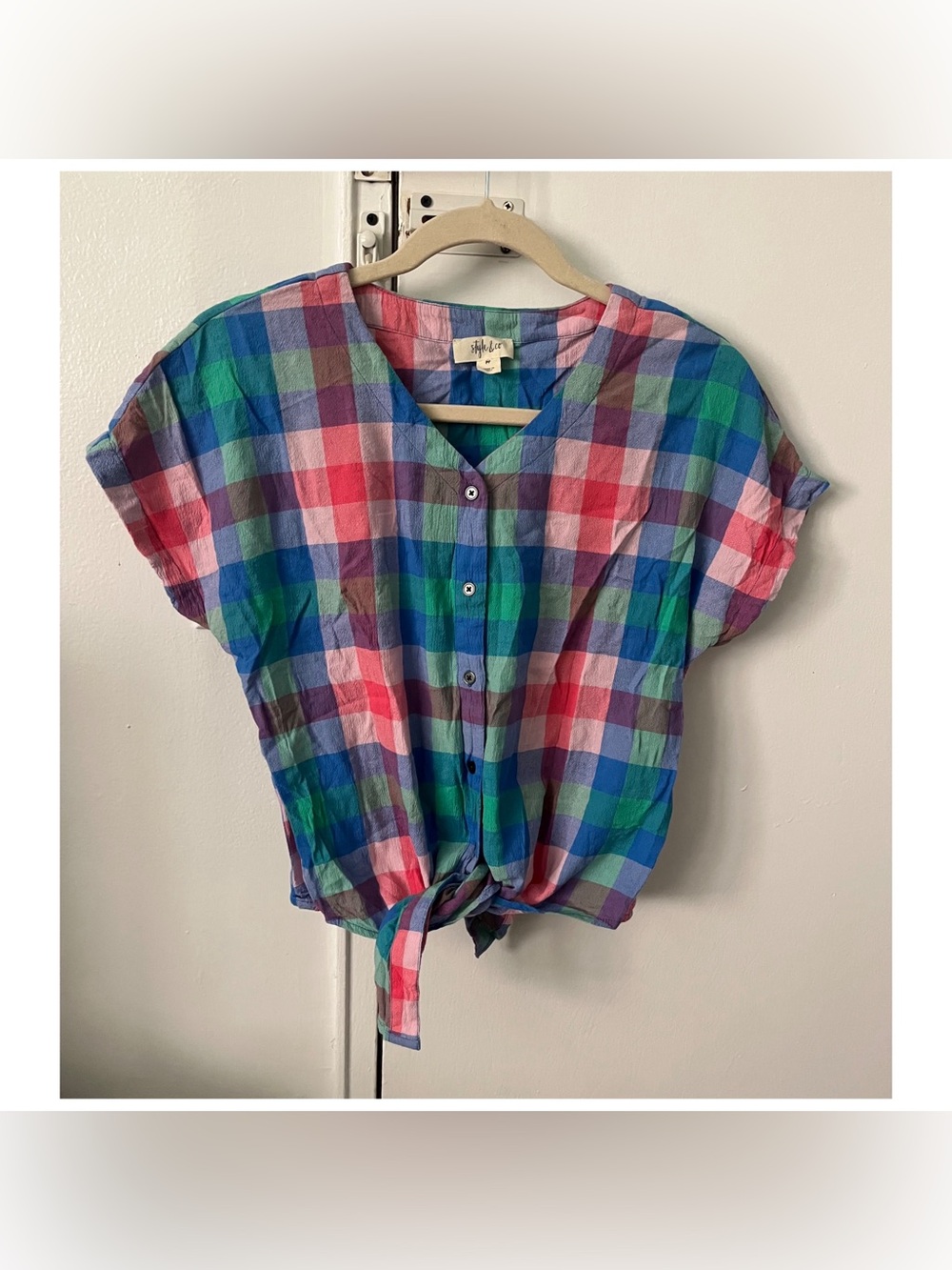 Style & Co multi-colored plaid button-up blouse with tie waist in a size PP